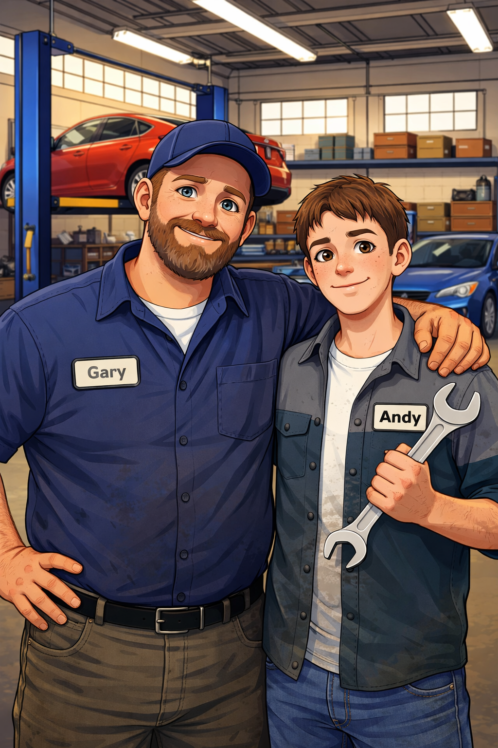 Andy working in his father's auto repair shop